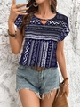 Detail of bohemian geometric pattern on a navy V-neck short sleeve summer blouse - S / Navy Blue