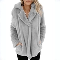 Women's warm grey faux fur hooded jacket with long sleeves and open front pockets - Gray