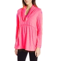 Top de mujer rosa brillante de manga larga con cuello desbocado y cintura plisada - S / Rojo Sandía