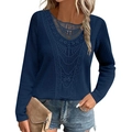 Dark blue waffle knit long sleeve top with elegant hollow lace detail for women - Navy Blue