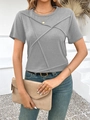 Detail of grey short sleeve T-shirt with unique crisscross stitched neckline design - Gray