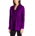 Detalle de la camiseta morada de manga larga con cuello alto drapeado y cintura fruncida - S / Fucsia