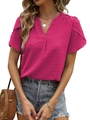 Women's rose pink V-neck Swiss dot short sleeve blouse paired with denim shorts - S / Rose Red