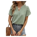 Women's light green V-neck Swiss dot chiffon blouse with petal sleeves for summer - S / Green