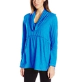 Top casual azul brillante para mujer con cuello drapeado y cintura imperio fruncida - S / Azul