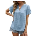 Light blue V-neck short sleeve top with swiss dot texture and ruffle sleeves - S / Blue