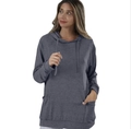 Detail of adjustable drawstring hood and dual front patch pockets on grey hoodie - Dark Gray