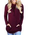 Detail view of the drawstring hood and crossover neckline on this wine red hoodie - S / Burgundy