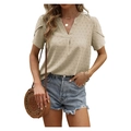 Women's V-neck beige short sleeve shirt with textured jacquard dots and casual style - S / Apricot