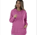 Detail of rose pink long sleeve hoodie showing drawstring hood and kangaroo pocket texture - Rose Red