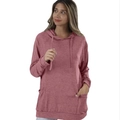 Detail view of pink long sleeve hoodie showing drawstring hood and front pockets - S / Pink