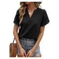 Chemisier noir à manches courtes pour femmes avec col en V et texture à pois suisses - Noir
