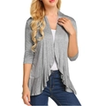 Women's casual grey cardigan with three-quarter sleeves and ruffled hem design - S / Light Gray