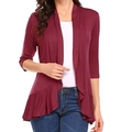 Detail of burgundy open cardigan with 3/4 sleeves and elegant ruffled hem design - S / Burgundy