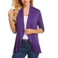 Detail of dark purple knit cardigan featuring ruffled hemline and elegant mid-length sleeves - Purple