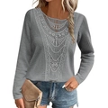 Grey waffle knit long sleeve top with intricate lace patchwork and textured fabric - Gray