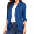 Detailed view of dark blue lightweight cardigan featuring ruffled hem and 3/4 sleeves - S / Navy Blue