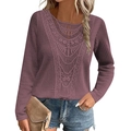 Women's dark purple waffle knit long sleeve top with intricate lace hollow-out embroidery - Fuschia