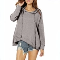Detail of the unique asymmetrical layered hem on this grey oversized hooded sweatshirt - S / Gray