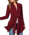 Detail showing deep burgundy knit cardigan with waist tie closure and ribbed texture - S / Burgundy