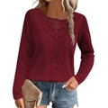 Women's wine red waffle knit top with long sleeves and elegant lace patchwork design - Burgundy