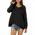 Detail of oversized black hoodie with asymmetric hem and casual drawstring hood style - S / Black