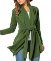 Detail of moss green long sleeve cardigan featuring a tie-waist and asymmetric hemline - S / Grass Green