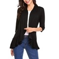 Women's black open front cardigan featuring a stylish ruffled hem and long sleeves - S / Black