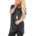 Detail of front knot hem and heathered texture on dark grey crew neck short sleeve T-shirt - Dark Gray