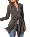 Detail of soft knit cardigan featuring adjustable waist tie and long sleeves in dark brown - S / Dark Khaki
