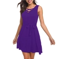 Sleeveless deep purple V-neck dress with criss-cross lace-up detail and drawstring waist - S / Purple