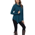 Detalle de blusa de manga larga con cuello desbocado y dobladillo asimétrico en azul verdoso - S / Verde Oscuro