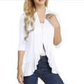 Women's casual short white cardigan with ruffle hem and three-quarter sleeves - White
