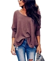 Detail view of the V-neckline and textured waffle knit fabric on long sleeve women top - Brick Red
