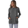 Detail van donkergrijze hoodie met witte trekkoorden en symmetrische zakken aan de voorkant - S / donkergrijs