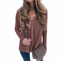 Women's waffle knit Henley shirt in dusty rose with long sleeves and button detail - Burgundy