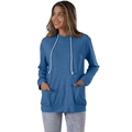 Dettaglio felpa con cappuccio blu scuro con cordini bianchi e ampie tasche laterali - Blu