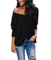 Detail der schwarzen Waffelstrick-Struktur des schulterfreien Langarmshirts für Damen - S / Schwarz