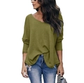 Detail view of olive green waffle knit texture and V-neckline on this loose long sleeve top - Army Green