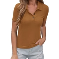 Women's slim fit brown ribbed polo t-shirt with classic collar and button neckline - S / Caramel color