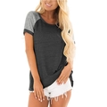 Detail of color block raglan sleeves with gray knit texture on a casual women's t-shirt - Dark Gray
