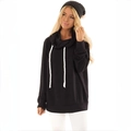 Women's black drawstring hoodie with a cozy cowl neck and contrast white drawstrings - Black