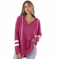 Detail view of magenta hoodie with white drawstring, V-neckline, and striped sleeves - S / Rose Red
