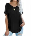 Detail of loose fit V-neck black T-shirt with casual curved hem design for women - S / Black