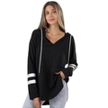 Women's black hooded sweatshirt with V-neck, white drawstring and striped long sleeves - S / Black