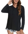 Women's casual long sleeve hoodie in solid black color with drawstring detail and side slits - S / Black