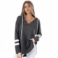 Deep grey hooded tunic sweater for women with white drawstring and sleeve stripes - S / Dark Gray