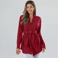 Detail of burgundy long sleeve wrap top with waist tie and soft knit texture - S / Burgundy