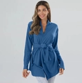 Detail view of the wrap-style knit cardigan with a matching belt in deep blue color - S / Blue