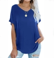 Detail of loose V-neck short sleeve T-shirt in navy blue showing soft knit fabric texture - S / Blue